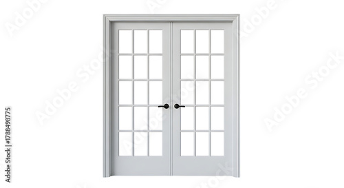 Elegant White French Doors with Grid Panes and Black Handles, Offering a Classic Architectural Entrance