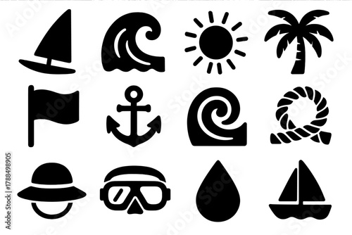 Brutalist Surf Icon Set. Coastal Surf Icons silhouette icon set: sailboard, ocean wave, sun, palm tree, flag, anchor, wind swirl, rope, hat, goggles, water droplet, boat.