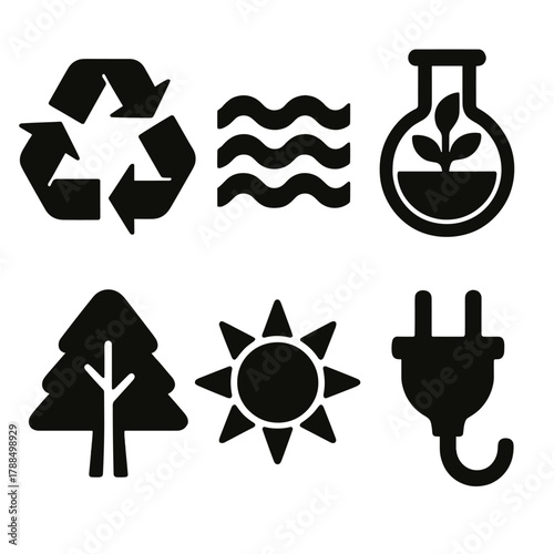 Renewable Icons Set. Renewable Systems silhouette icon set: recycling arrows, wave energy, biofuel flask, tree, sun, electric plug.