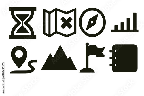 Bold Brutalist Planning Icons. Long-Term Planning silhouette icon set: hourglass, map, compass, timeline, path marker, mountain, goal flag, notebook.