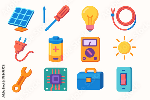 DIY Solar Icons. DIY Solar Projects Icons modern flat icons set: solar panel, screwdriver, light bulb, wire, plug, battery, multimeter, sun, wrench, circuit board, toolkit, switch.