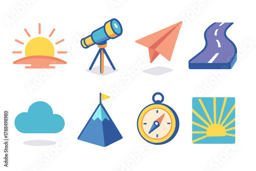 Vibrant Horizon Icons. Inspiring Horizons modern flat icons set: sunrise, telescope, paper plane, road, cloud, mountain peak, compass, light ray.