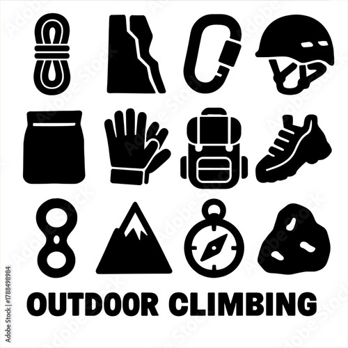 Brutalist Climbing Icons. Outdoor Climbing Icons silhouette icon set: rope, cliff face, carabiner, helmet, chalk, gloves, backpack, shoes, belay device, mountain peak, compass,