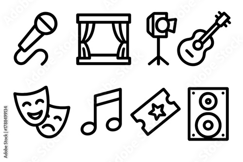 Performing Arts Icons. Performing Arts linear icon set: microphone, stage, spotlight, guitar, mask, music note, ticket, speaker.