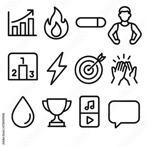 Fitness Icon Set. Fitness Motivation linear icon set: goal chart, flame icon, progress bar, instructor icon, leaderboard, energy bolt, target, high-five symbol, sweat droplet,