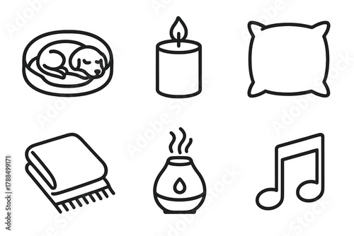 Cozy Icons Collection. Calm & Comfort linear icon set: dog bed, candle, pillow, blanket, aroma diffuser, music note.