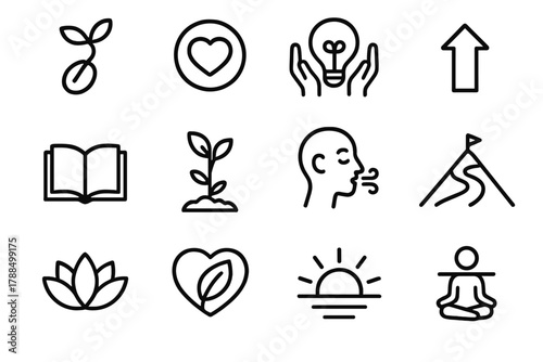 Symbols of Personal Growth. Inner Growth linear icon set: sprouting seed, heart within circle, light bulb in hands, upward arrow, open book, growing plant, mindful breath, mountain