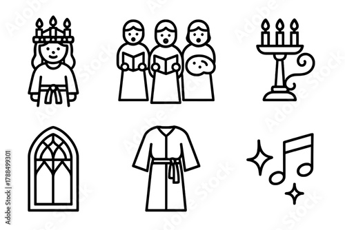 Lucia Procession Icons. Cultural Heritage linear icon set: Lucia procession, choir, candle holder, pastry, church window, robe, music note, light spark.