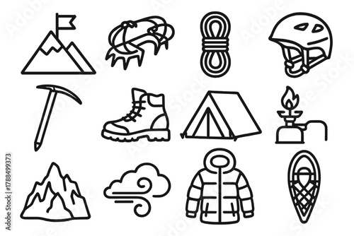 Alpine Climbing Gear Icons. Alpine Expedition linear icon set: summit flag, crampons, rope, helmet, ice pick, climbing boot, tent, camp stove, glacier, wind cloud, parka, snowshoe.