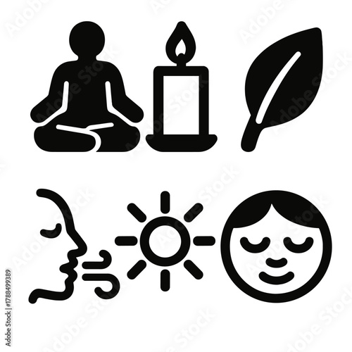 Mind & Body Icons. Mind & Body silhouette icon set: meditation pose, candle, leaf, breathing symbol, sun, calm face.