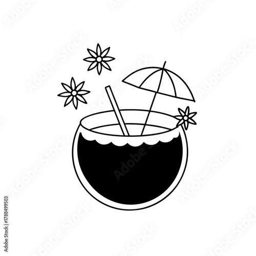 Coconut drink with umbrella and flower decoration on transparent background
