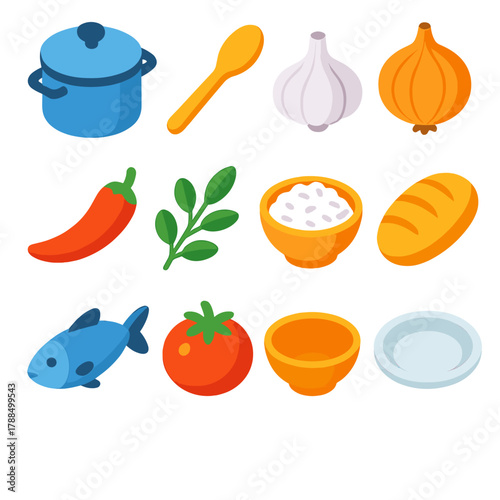 Isometric Cooking Icons. Heritage Cooking modern flat icons set: pot, spoon, garlic, onion, chili, herbs, rice, bread, fish, tomato, bowl, plate.