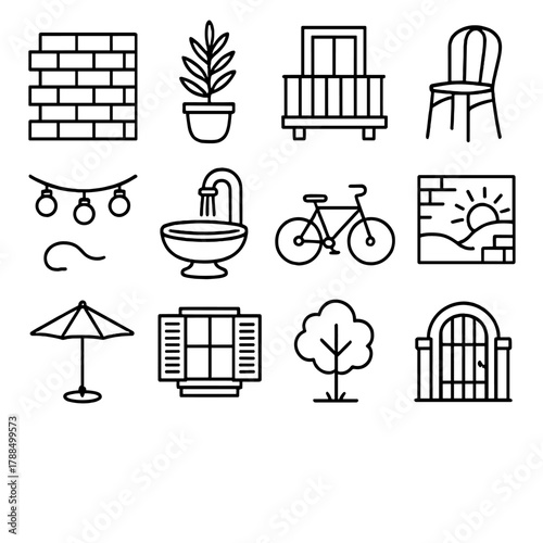 Urban Courtyard Icons. Urban courtyard living linear icon set: brick wall, potted plant, balcony railing, outdoor café chair, light string, water basin, bicycle, mural, umbrella,