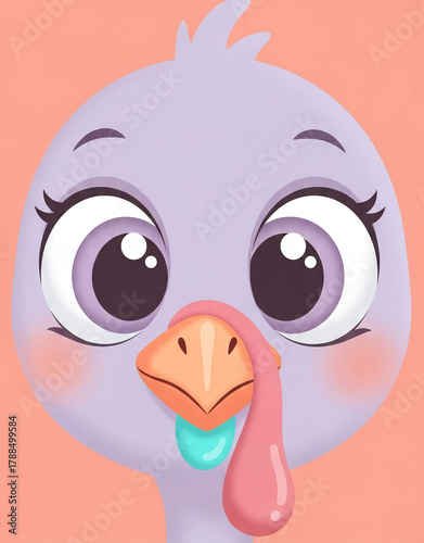 Close-up of stylized turkey face with large eyes on orange background, representing animal portrait for festive, seasonal, or decorative concept