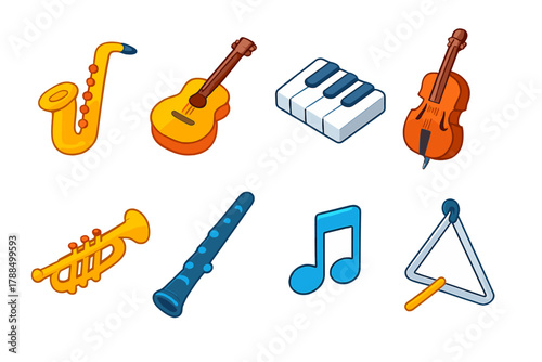 Vibrant Instrument Icons. Instrumental Music modern flat icons set: saxophone, guitar, piano keys, double bass, trumpet, clarinet, music note, triangle.