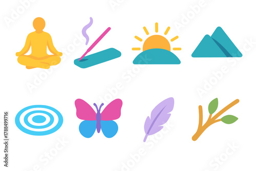 Serenity Icon Collection. Serenity modern flat icons set: meditation pose, incense stick, sunrise, mountain silhouette, water ripple, butterfly, soft feather, tree branch.