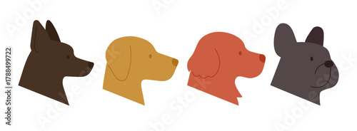 Four dog head silhouettes in a row different solid colour. Side view. Profile portraits for pet shop designs, stickers, decorations. Simple vector. isolated on white background. 