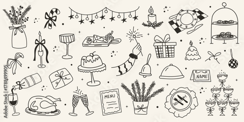 Cozy hand drawn Christmas and New Year dinner doodle set. Festive table and decoration elements for cards, invitations, holiday menu, or packaging.
