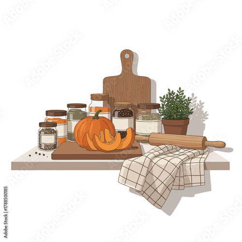 Autumn kitchen scene with pumpkins, spices in jars, cutting board, rolling pin, and a potted herb plant on a shelf.