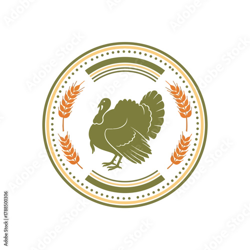 A circular emblem featuring a stylized turkey silhouette surrounded by wheat stalks and decorative borders.