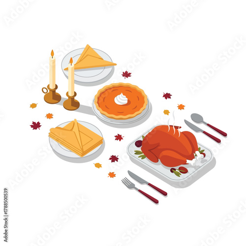 A festive Thanksgiving dinner table setting with a roasted turkey, pumpkin pie, and place settings.