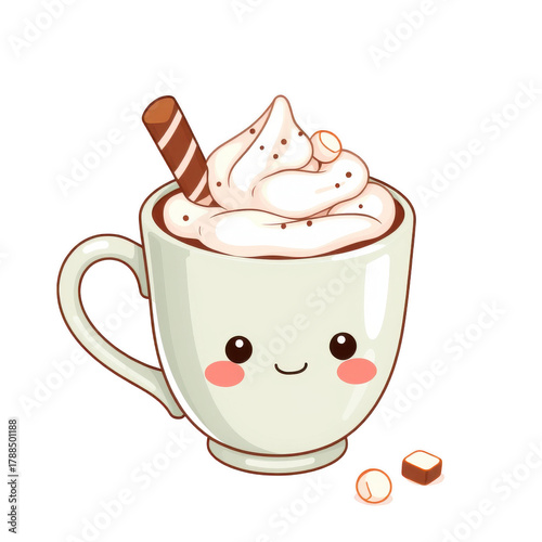 Kawaii hot chocolate mug with whipped cream, wafer, and sweets.