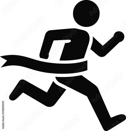 Running figure crossing finish line icon in black and white on solid black background