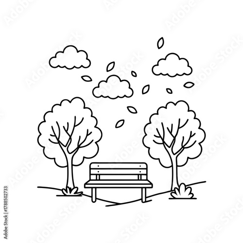 Outline drawing of a park scene with bench and trees on transparent background