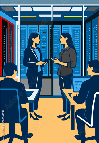 A modern illustration depicting a business meeting within a server room environment with professionals discussing data infrastructure, high-quality, professional, and detailed