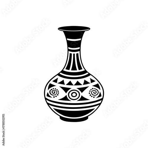 Ornate black and white vase with tribal designs on transparent background