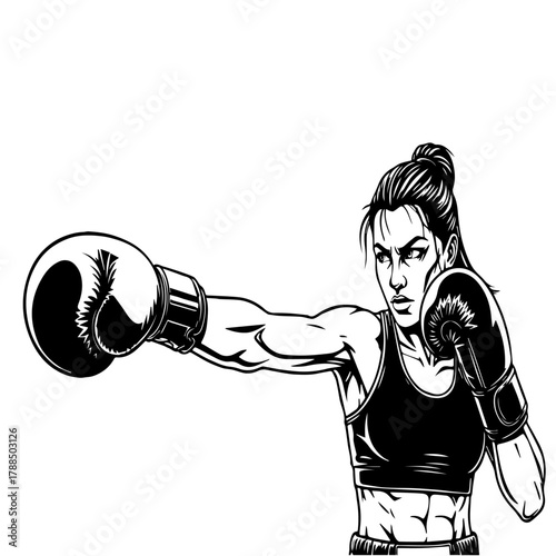 A determined female boxer in a sports top and gloves throws a powerful punch, depicted in a striking monochrome vector illustration