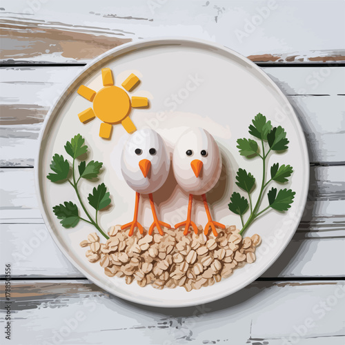 A gourmet healthy diet meal of fresh chicken and rice with vegetables served on a white plate or bowl for a nutritious dinner or breakfast dish