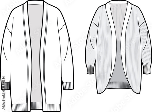 Open front long cardigan fashion sketch, technical garment drawing, ribbed cuff and hem detail, relaxed fit, apparel template, clothing illustration
