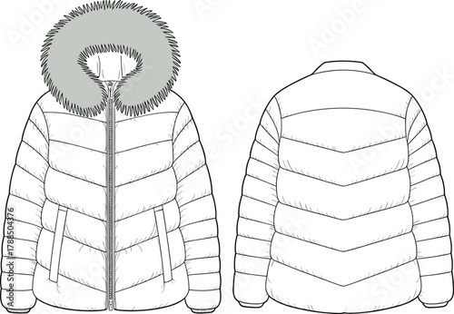 Puffer jacket technical sketch, front and back view, winter outerwear design, hooded coat with fur trim, flat vector illustration