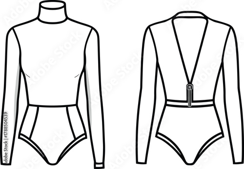 Women's bodysuit design, fashion sketch, technical garment illustration, V-back detail, long sleeve, high neck, flat vector illustration, apparel template