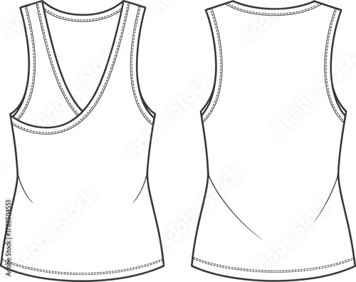 Women's tank top, sleeveless shirt, fashion flat sketch, technical garment drawing, racerback top, V-neck design, apparel template, clothing illustration