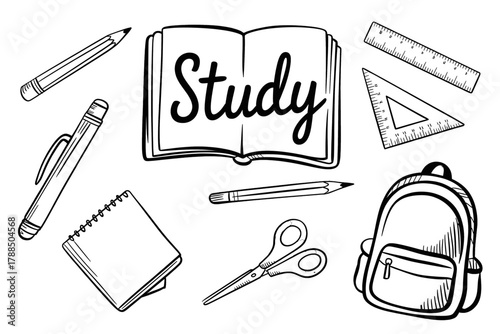 Hand-drawn school supplies illustration including a book pencil and backpack perfect for back-to-school designs and educational materials
