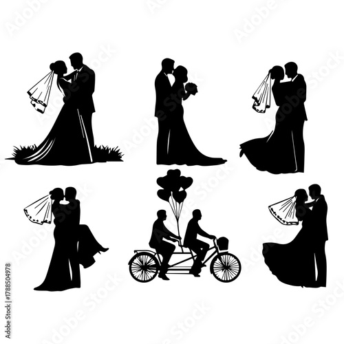 Elegant Wedding Couple Silhouettes Collection Capturing Romantic Moments and Loving Gestures for Celebratory Designs