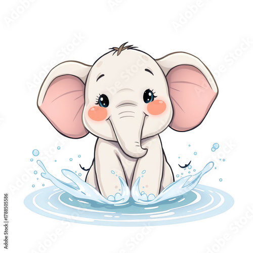 Cute cartoon baby elephant playing in water, making fun splash