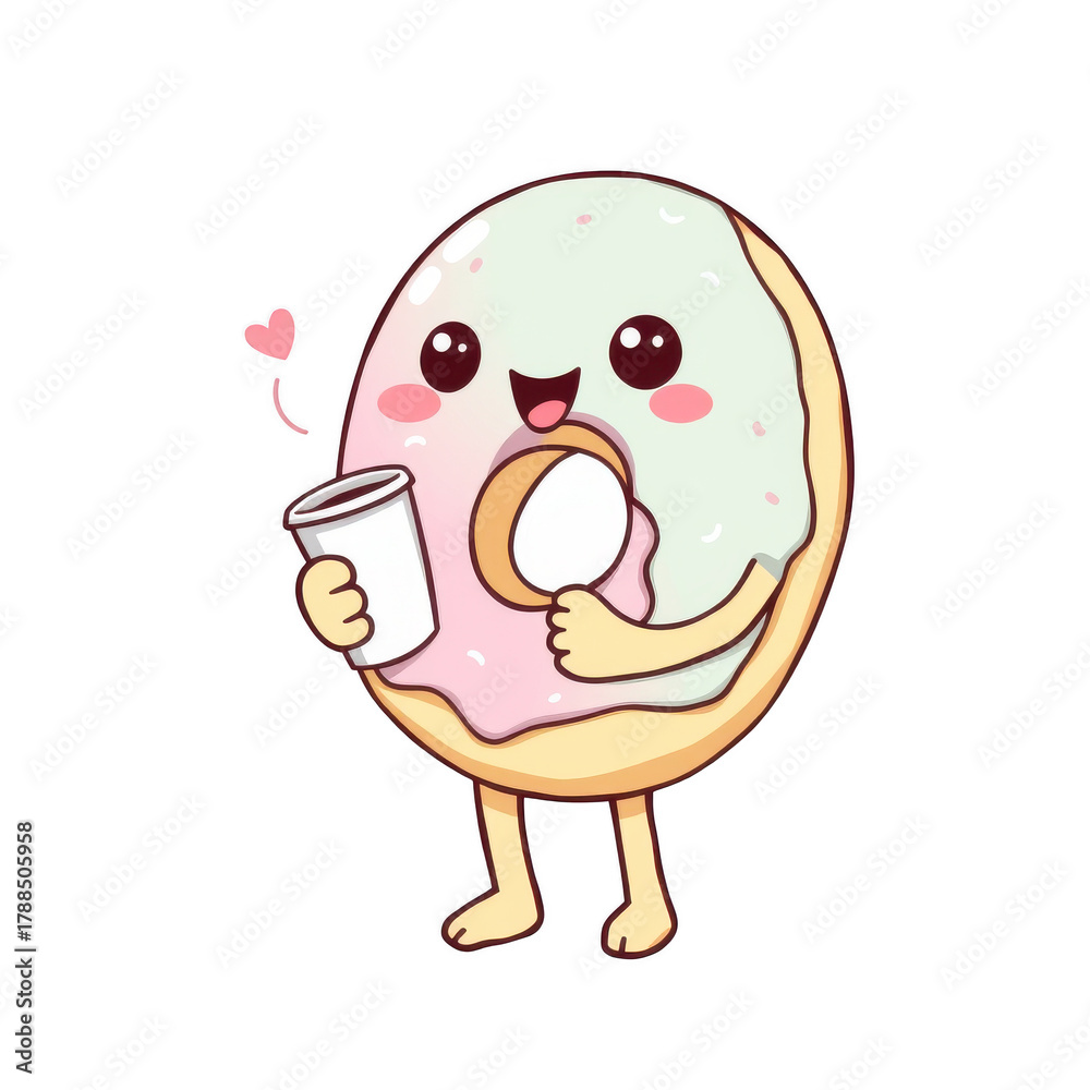 Obraz premium Cute cartoon donut character enjoying coffee with a happy face