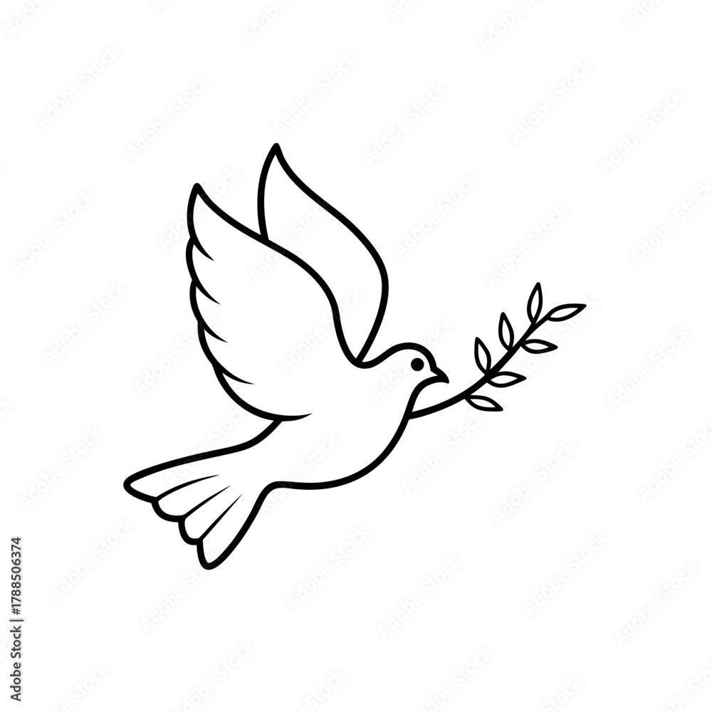 Obraz premium Dove flying with an olive branch in its beak outline on transparent background