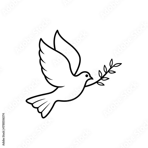 Dove flying with an olive branch in its beak outline on transparent background