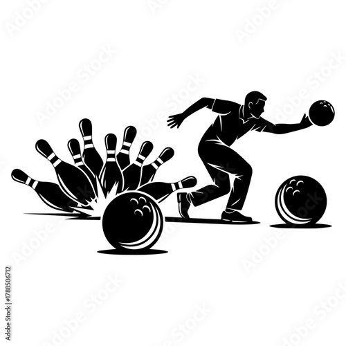 Black and white graphic of a man bowling, capturing the dynamic motion of the release and the explosive impact of a strike