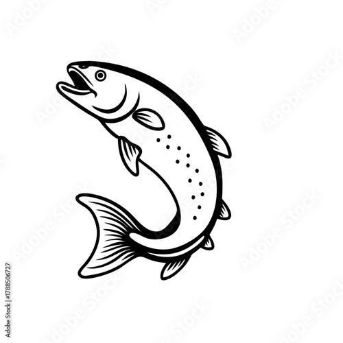 A black and white drawing of a leaping trout fish on transparent background