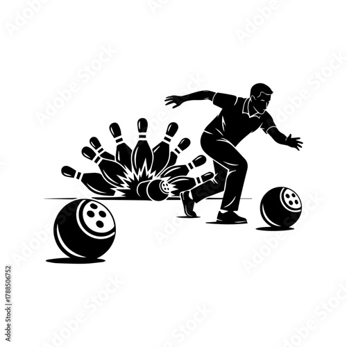 Bowling action illustration showing a bowler throwing a ball causing pins to scatter