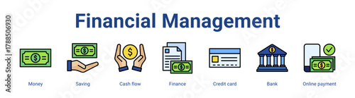 Financial Management web icon vector illustration concept with icon of Money, Saving, Cash flow, Finance, Credit card, Bank, Online payment,in modern flat vector style.