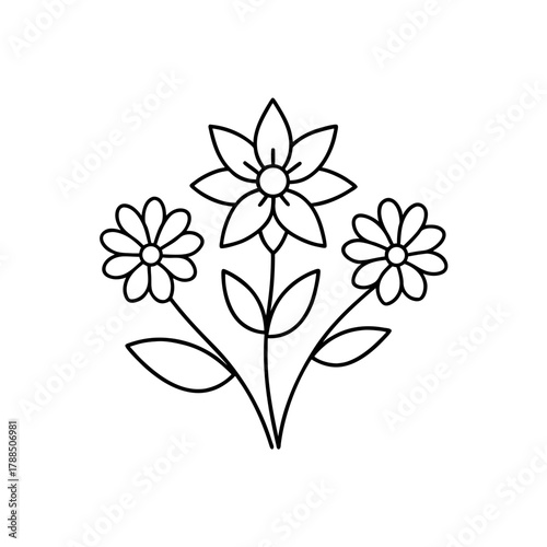 Outline drawing of three flowers with leaves stems on transparent background