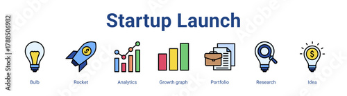 Startup Launch web icon vector illustration concept with icon of Bulb, Rocket, Analytics, Growth graph, Portfolio, Research, Idea,in modern flat vector style.