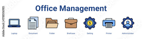 Office Management web icon vector illustration concept with icon of Laptop, Document, Folder, Briefcase, Setting, Printer, Administrator,in modern flat vector style.