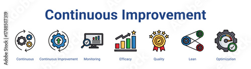 Continuous Improvement web icon vector illustration concept with icon of Continuous, Continuous Improvement, Monitoring, Efficacy, Quality, Lean, Optimization,in modern flat vector style.
